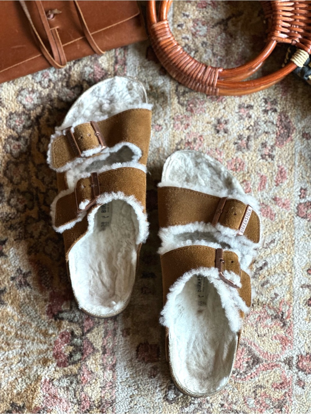 Birkenstock Suede Shearling Arizona Sandals in Chestnut and White - Picture 2 of 8